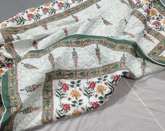 Reversible Hand Block Print Quilt: Jaipuri Floral Queen Razai