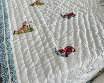 Hand Block Printed Baby Quilt & AC Blanket Set: Malmal Cotton