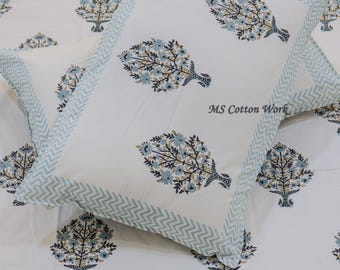 Hand Block Print Cotton Bedsheet: Blue Floral Tree - Rajasthani Decor