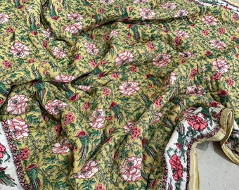 Hand-Stitched Floral Quilt: Grey & Yellow Queen Size Bedding
