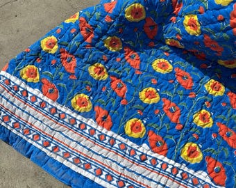 Unique Hand Block Print Indian Cotton Quilt – Colorful Floral Jaipuri Razai, Reversible Bedspreads