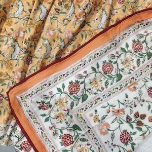Floral Block Print Cotton Blanket: Indian Queen Size Bedding Throw