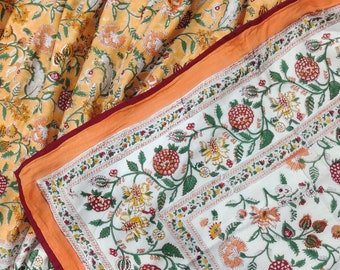 Floral Block Print Cotton Blanket: Indian Queen Size Bedding Throw
