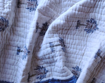 Hand Block Print Cotton Quilt: Palm Tree Kantha Blanket
