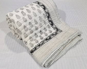 Hand Block Printed Cotton Quilt: Grey & White Bedspread