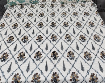 Hand Block Print Cotton Quilt, Zigzag Stitch, Reversible Bed Cover