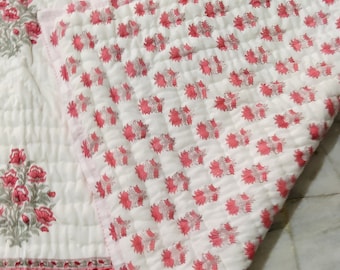 Pink Flower Block Print Quilt: Hand Stitched Cotton Kantha Bedding