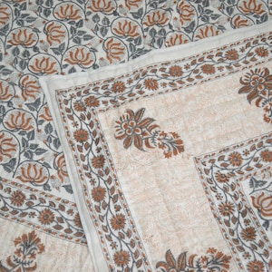 Hand Block Print Cotton Quilt: Brown Grey Floral Queen Comforter