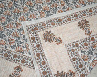 Hand Block Print Cotton Quilt: Brown Grey Floral Queen Comforter