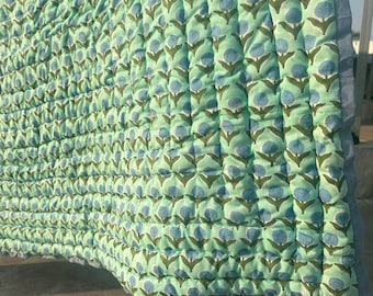 Hand Block Printed Cotton Quilt: Sunshine Blooms Blue Floral Bedding