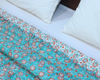 Queen Size Floral Quilt: Hand Block Print Indian Reversible Cotton Razai