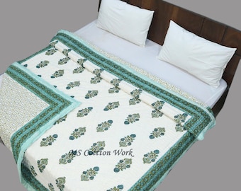 Hand Block Print Cotton Quilt: Floral Double Sided Reversible Throw