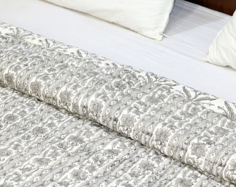 Hand Block Printed Cotton Queen Quilt, Floral Reversible Quilt