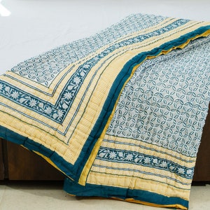 Hand Block Print Quilt, Blue & Yellow Reversible Quilt, 100% Cotton Hand-Stitched Bedding in Twin, Queen, King Size Bed Cover, For Home