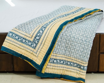 Hand Block Print Cotton Quilt: Blue & Yellow Reversible Bed Cover
