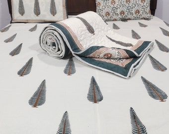 Hand Stitched Block Print Bedding Set: Cotton Quilt & Pillow Set