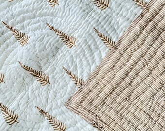 Hand Block Print Cotton Quilt: Winter Oak Tree Design, Hand Stitched