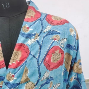 Cotton Block Print Kimono Robe: Floral Beach Cover-Up
