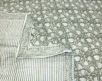 Handmade Jaipuri Block Print Cotton Quilt, Floral Bedspread Comforter