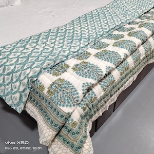 Hand Block Print Queen Quilt: Jaipur Kantha Stitched Cotton Bedspread