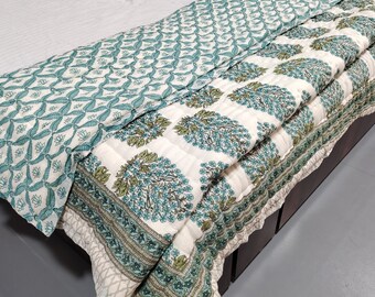 Hand Block Print Queen Quilt: Jaipur Kantha Stitched Cotton Bedspread