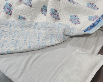 Reversible Hand Block Print Quilt: Floral Kantha Bedspread