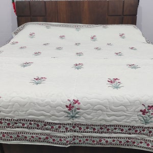 Hand Block Print Queen Quilt: Indian Cotton Bedspread