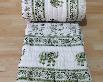 Hand Block Print Elephant Quilt: Reversible Cotton Bedspread