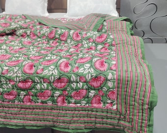 Green & Pink Floral Hand Block Print Quilt - Cotton Jaipuri Razai - Handmade Traditional Indian