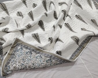 Reversible Leaf Print Quilt: Jaipuri Hand Block Cotton Razai