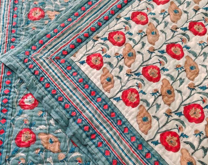 Featured listing image: Hand Block Print Cotton Quilt: Reversible Jaipuri Razai, Winter Bedding