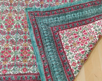 Hand Block Print Cotton Quilt - Teal and Magenta Floral Jaipuri Razai - Reversible Lightweight Blanket