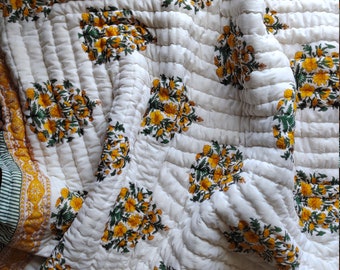 Hand Block Print Cotton Quilt: Yellow Flower Blanket, Hand Stitched