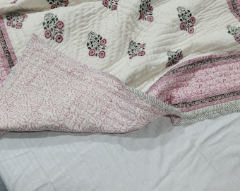 Hand Block Printed Cotton Quilt: Pink Green Floral Twin Bedspread