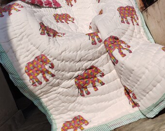 Handmade Indian Kantha Quilt: Animal Print Baby Blanket