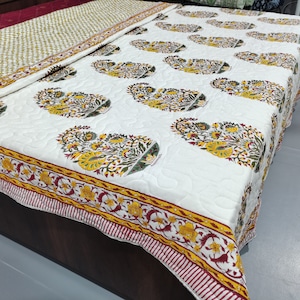 Hand Block Print Cotton Quilt: Hand Stitched Reversible Bedding