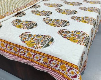 Hand Block Print Cotton Quilt: Hand Stitched Reversible Bedding