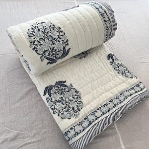 New Hand Block Printed Cotton Quilt - King Size Blue Floral Razai