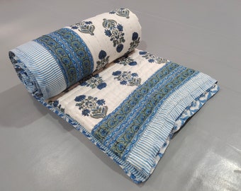 Hand Block Print Cotton Quilt: Reversible Floral Jaipuri Razai
