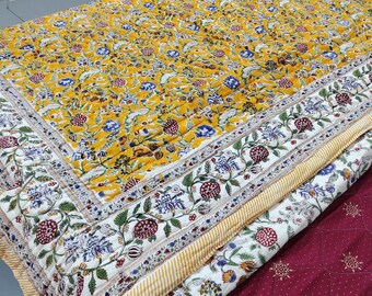 Hand Block Printed Cotton Floral Quilt, Reversible Bohemian Cotton Queen Blanket