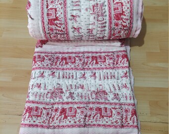 Handmade Indian Queen Cotton Quilt: Block Print Reversible Bedspread
