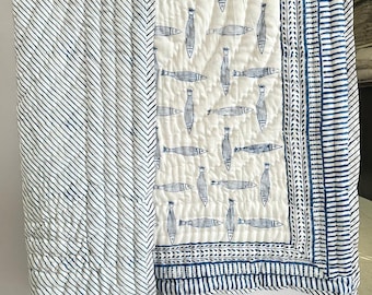 Hand Block Printed Baby Quilt: Blue Fish Cotton Bedding