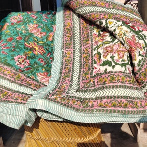 Hand Stitched Block Print Cotton Quilt: Queen Size Bedding