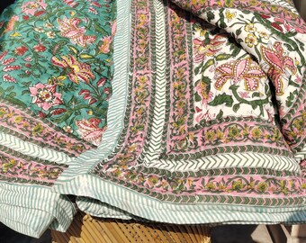 Hand Stitched Block Print Cotton Quilt: Queen Size Bedding cover