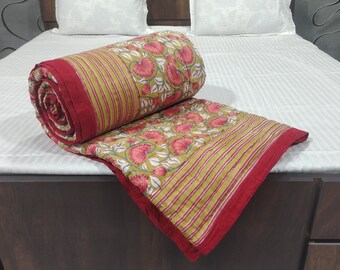 Red Floral Hand Block Print Quilt: Reversible Cotton Kantha Blanket