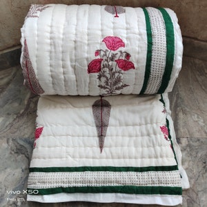 Hand Block Print Cotton Quilt: Reversible Indian Queen Razai