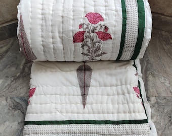 Hand Block Print Cotton Quilt: Reversible Indian Queen Razai