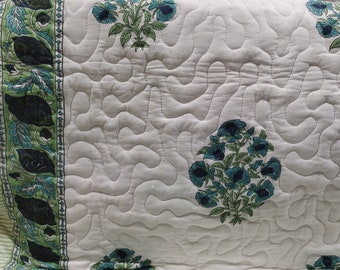 Handmade Indian Cotton Razai - Teal Floral Buta Block Print Quilt - Reversible Sage