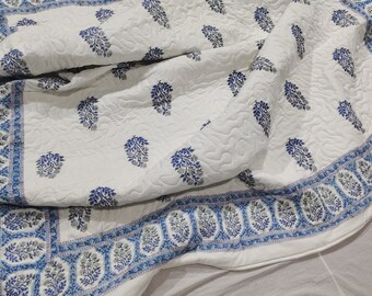 Hand Block Print Cotton Quilt: Reversible Indian Kantha Bedding
