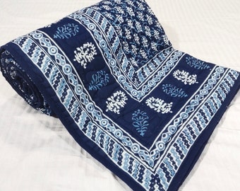 Hand Block Print Queen Quilt: Indigo Cotton Reversible Blanket (90"x108")